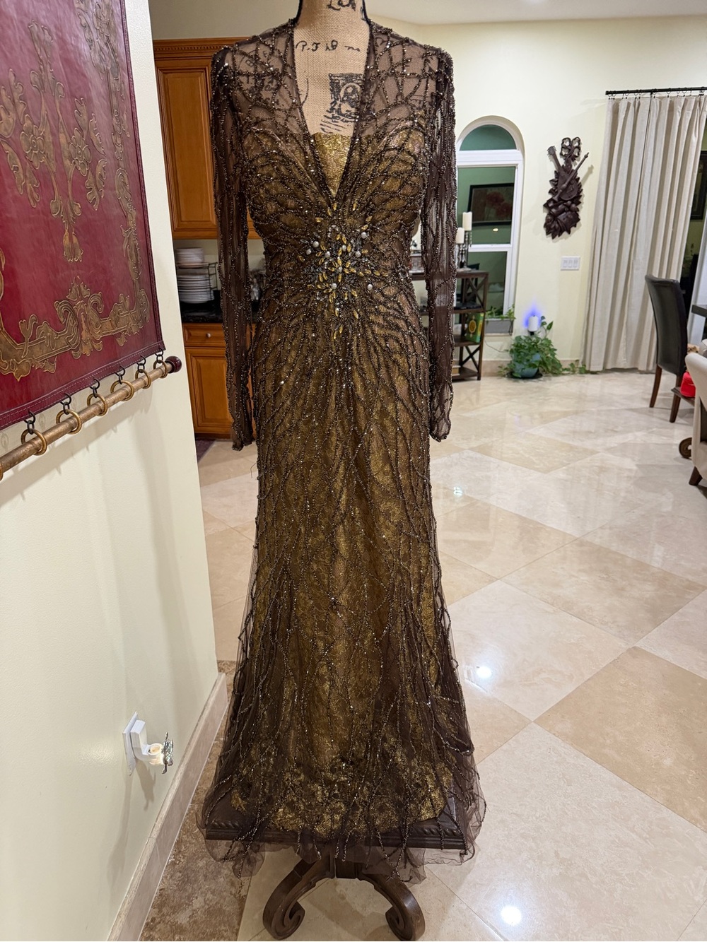 Mac Duggal Brown and Gold Beaded Long Sleeve Evening Gown